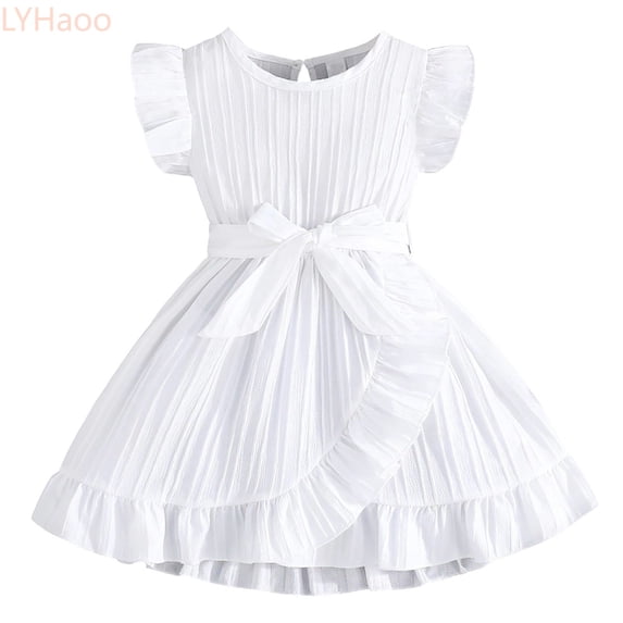 LYHaoo Girls Summer Dress Casual Floral Sleeveless Round Neck Ruffled Waistband Beach Dress For Toddlers Age 3 7 Lightweight Comfortable Play Outfit,Girls Casual Dresses Sizes 4-5 Years White
