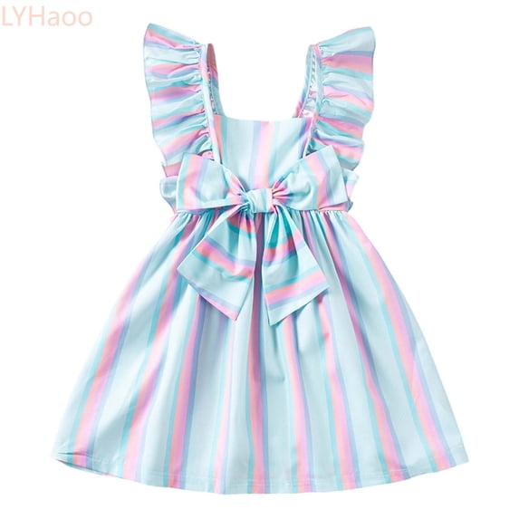 LYHaoo Girls Summer Dresses Casual Striped Bow A Line Dress With Flutter Sleeves For Toddler Kids Age 1 7 Years,Girls Basic Dresses Sizes 12-24 Months Blue