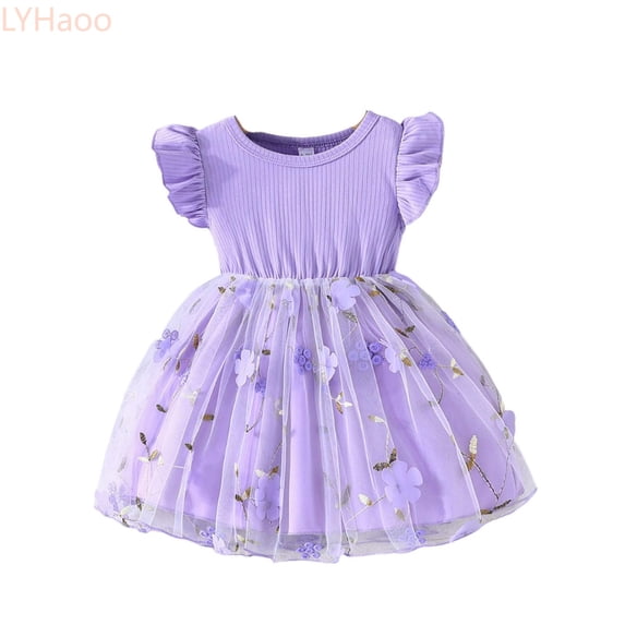LYHaoo Girls' Summer Fly Sleeve Dress With Floral Mesh Trim Fashionable Round Neck Princess Dress For Toddlers,Princess Casual Dresses Sizes 9-12 Months Purple