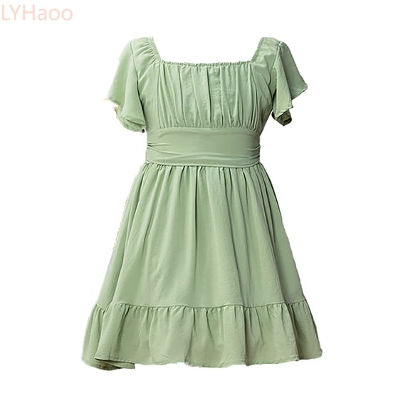 LYHaoo Girls Summer Tie Back Dress Tween Kids Off Shoulder Dresses Size 4 13 Years,Girls Basic Dresses Sizes 10-11 Years Green