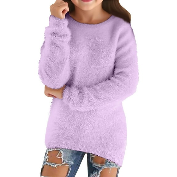 LYHaoo Girls Sweaters Casual Lightweight Long Sleeve Cozy Pullovers Loose Fluffy Fuzzy Sweaters 7-8 Years(Purple)