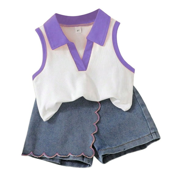 LYHaoo Girls Sweatsuit Outfits Lace Sleeveless Stand Up Collar Top And Fashionable Denim Skirt Pants Western Style Girl Suit (3 7Y) Sizes 3-4 Years(Purple)