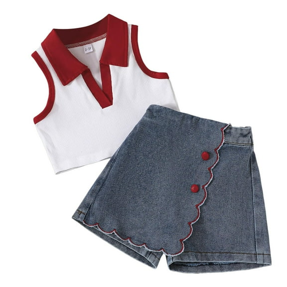 LYHaoo Girls Sweatsuit Outfits Lace Sleeveless Stand Up Collar Top And Fashionable Denim Skirt Pants Western Style Girl Suit (3 7Y) Sizes 3-4 Years(Red)