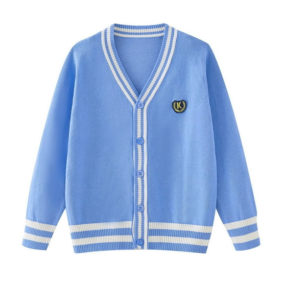 LYHaoo Girls V Neck Cardigan Sweaters Long Sleeve Knit Cardigan for Girls Button Front Uniform School Sweaters 15-16 Years(Blue)