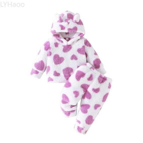 LYHaoo Girls Winter Outfit Cozy Hoodie And Pants Two Piece With Heart Print Valentine's Day Fall And Cold Weather For Toddler And Kid Girls Outfit Sets Sizes 6-9 Months(Purple)