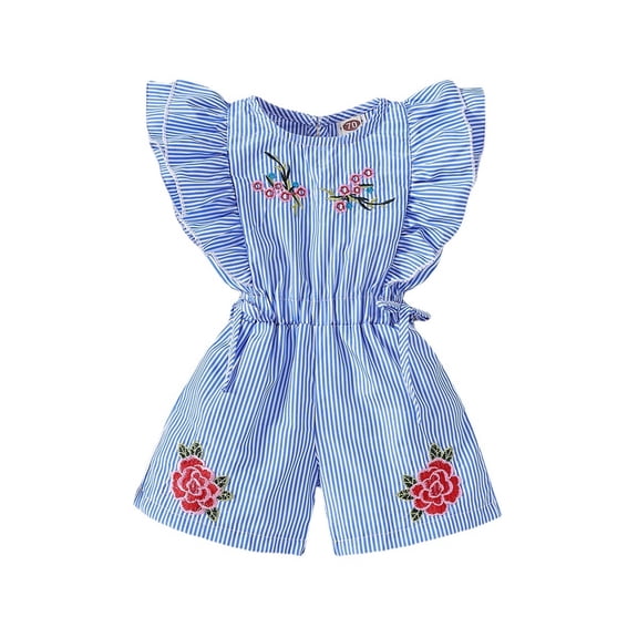 LYHaoo Baby Girl Floral Embroidery Jumpsuit Overalls Strip Printed Ruffles Sleeves Tie Up Waist Shorts Girls Jumpsuit Romper 9-12 Months Blue(Toddler)