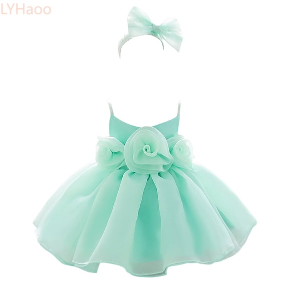 LYHaoo Infant Party Girls Princess Dress Sleeveless Solid Color Flower Birthday Party Dress With Headband,Dresses for Girls Sizes 3-6 Months Green