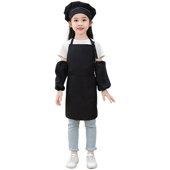 LYHaoo Kid Art Smock Solid Color Apron Sleeve And Hat Three Piece Set For Children Printed Artist Painting Aprons Smocks With Long Sleeve Everyday T-Shirts Sizes 3-6 Years Black