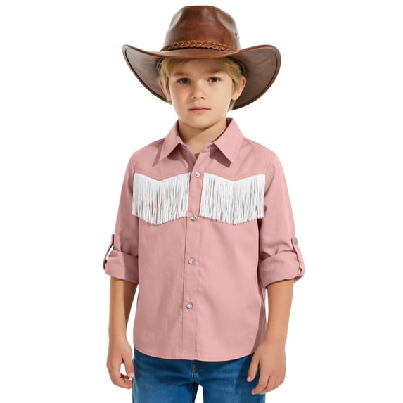 LYHaoo Kids Boys And Girls Fringe Western Shirts Button Down Shirts Cowgirl Long Sleeve Tassel Shirts,13-14 Years