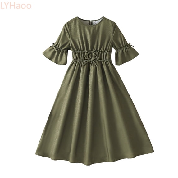 LYHaoo Kids Elegant Girls Short Sleeve Slim Fit Dress With Bow Tie Waist For Summer Party Fashion Solid Casual Dresses,Princess Dresses for Girls Sizes 7-8 Years Green
