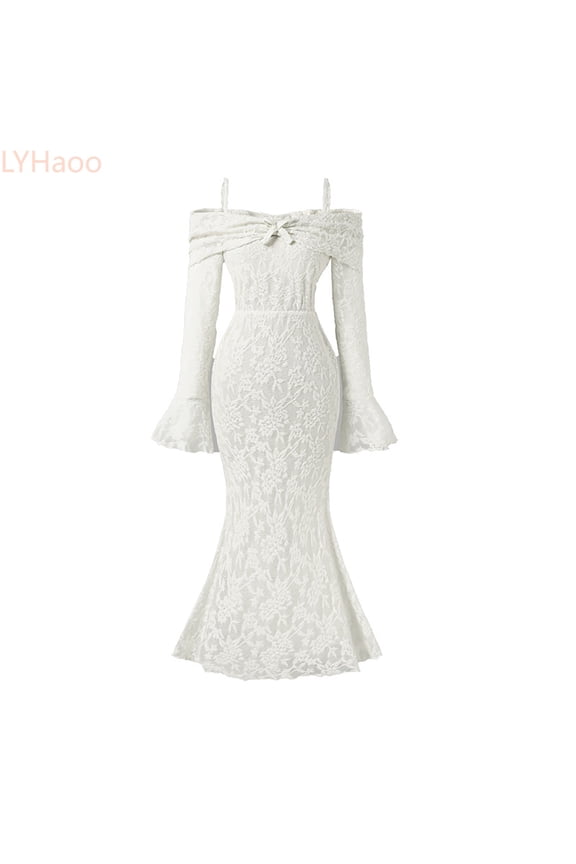 Kids Elegant Off Shoulder Midi Dress For Girls With Flared Sleeves And Lace Detail For Spring Fall Outfitsï¼Girls Floral Dresses Sizes 8-9 Years White