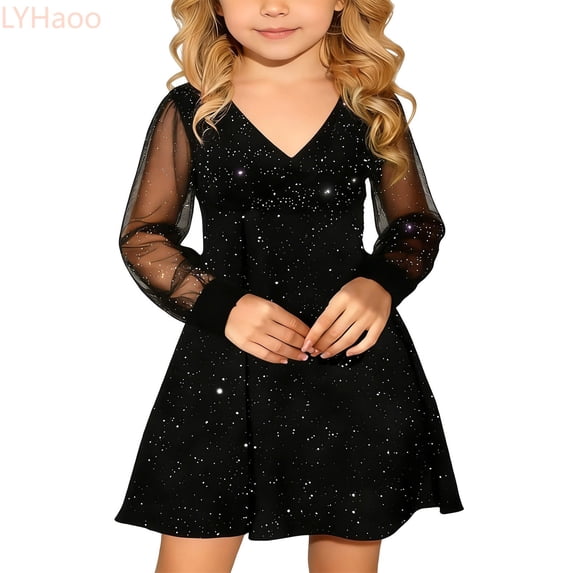 LYHaoo Kids Girl's Puff Long Sleeve Mesh Casual High Waist A Line Short Dress Formal Party Dresses For 4 14 Years,Dresses for School Casual Sizes 4-5 Years Black