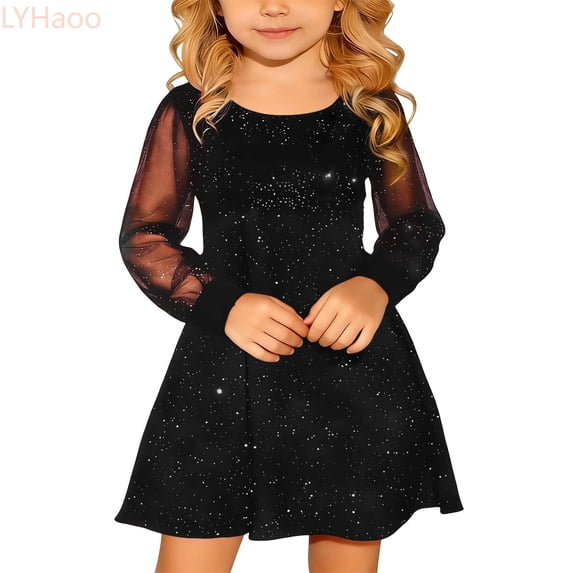 LYHaoo Kids Girl's Puff Long Sleeve Mesh Casual High Waist A Line Short Dress Formal Party Dresses For 4 14 Years,Little Girls Dresses Sizes 4-5 Years Black