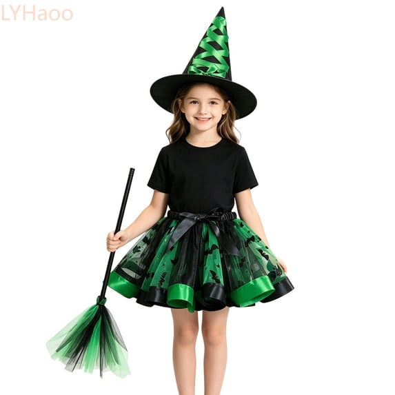 LYHaoo Kids Girls 3Pcs Halloween Witch Costume, Cute Layered Mesh Tutu Skirt with Witch Hat Broom for Dress Up Party Wear(6-7 Years)