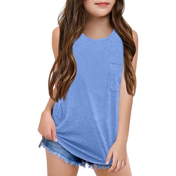 LYHaoo Kids Girls Crewneck Solid Basic Tank Tops Sleeveless Casual Top With Pocket Summer Casual Sizes 5-6 Years Blue