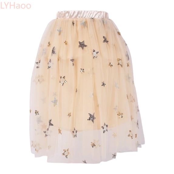 LYHaoo Kids Girls Dance Party Festival Star Sequin Skirt Ballet Skirts,Girls Dresses for School Sizes 6-7 Years Beige
