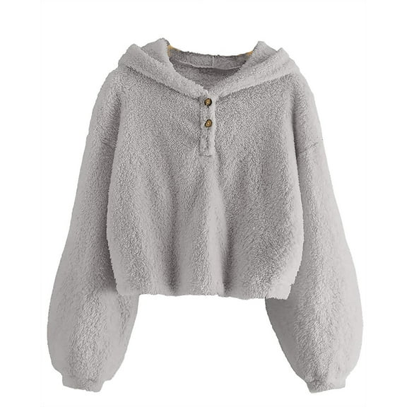 LYHaoo Kids Girls Fleece Hoodie Warm Loose Button Down Pullover Jacket Top Coat Back To School Sizes 7-8 Years Gray