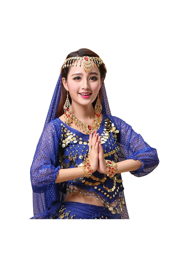 Kids Girls Indian Belly Dance Outfits Sequins Long Sleeve Hip Dance Top For Carnival Back To School Sizes 3-12 Years Blue