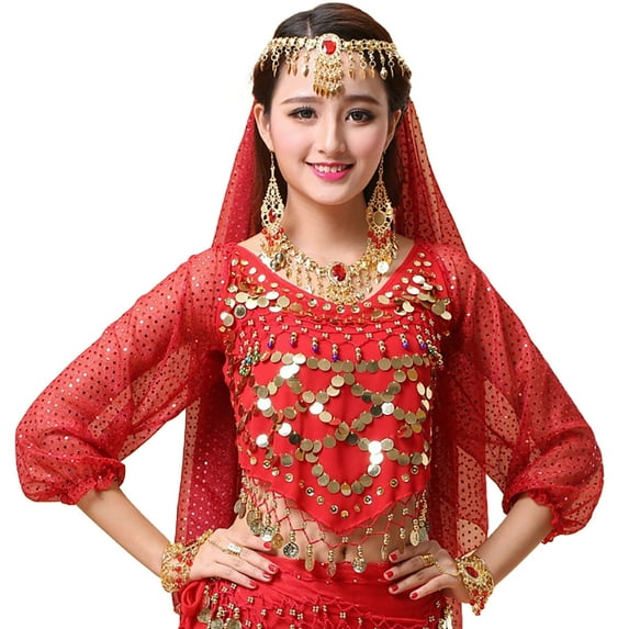 LYHaoo Kids Girls Indian Belly Dance Outfits Sequins Long Sleeve Hip Dance Top For Carnival Back To School Sizes 3-12 Years Red