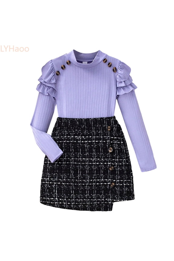 Kids Girls Long Sleeve High Neck Top With Plaid A Line Skirt 2 Piece Outfit Set Casual Winter Fall School Party Boys Clothing Sets Sizes (9-10 Years)