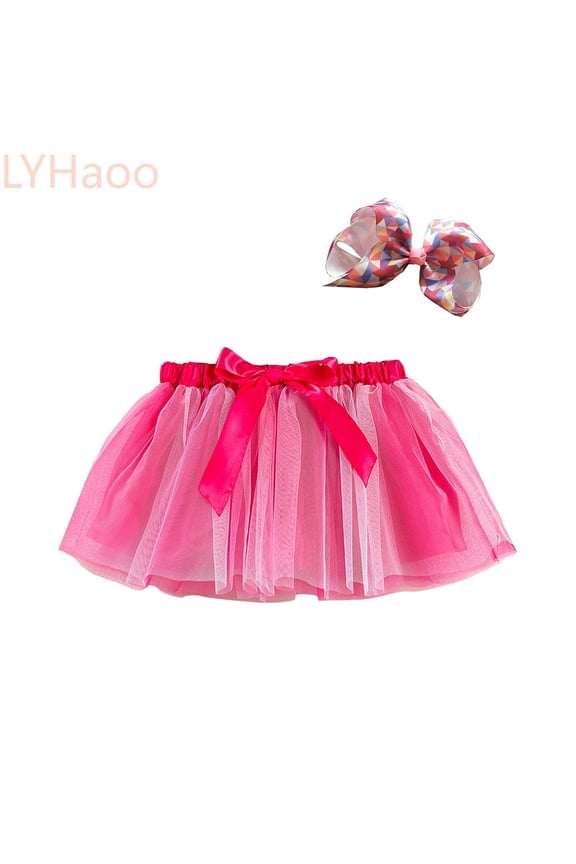 Kids Girls Party Dance Ballet Splice Rainbow Tulle Skirt+Bow Hairpin Girls School Uniform Skirt,Sizes 2-4 Years