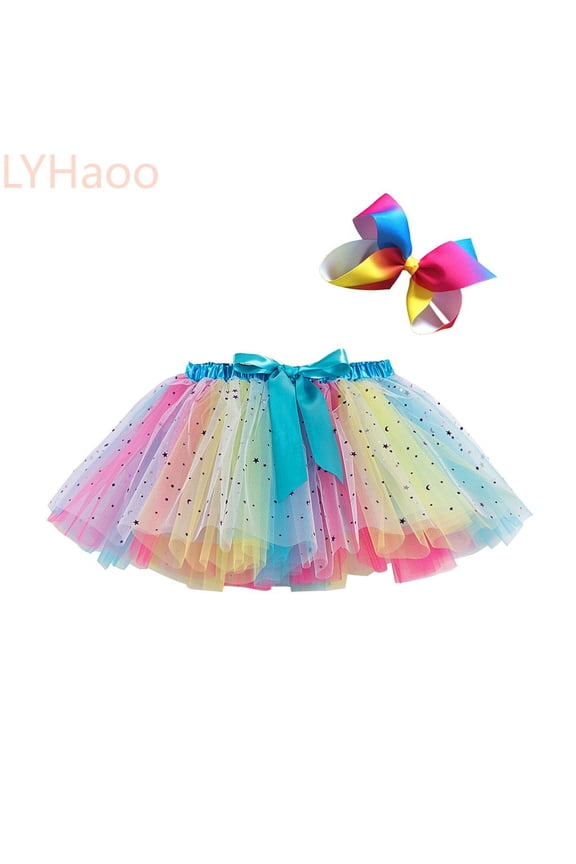 Kids Girls Party Dance Ballet Splice Rainbow Tulle Skirt+Bow Hairpin Girls Uniform Skirts,Sizes 2-4 Years