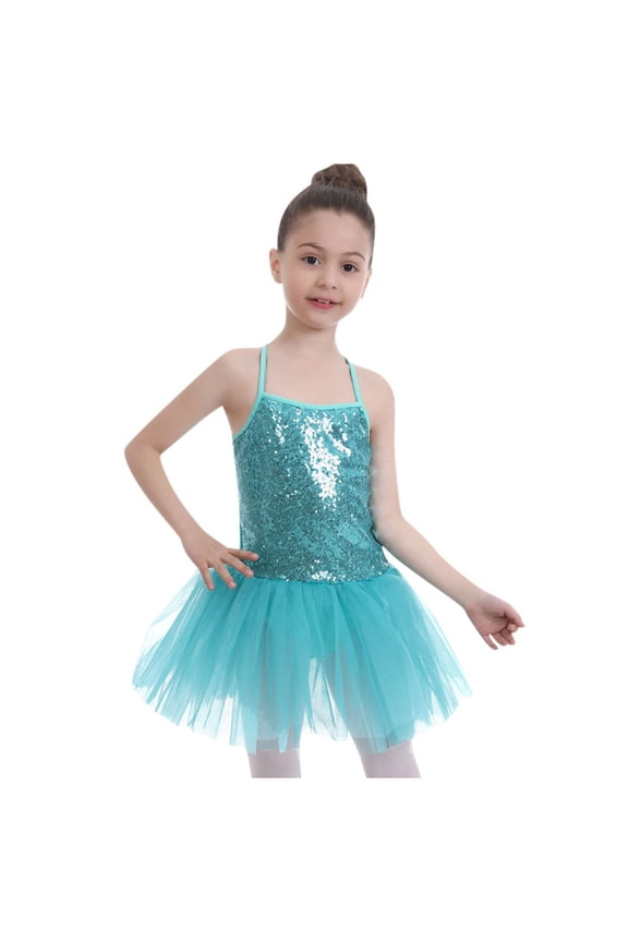 Kids Girls Sequins Camisole Ballet Dance Dress Tutu Skirted Leotard Ballerina Dancewear Girls Tshirts Sizes 4-5 Years Green
