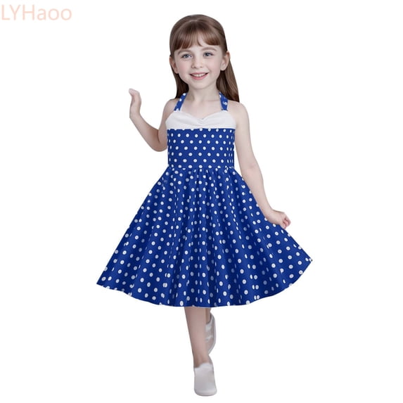 LYHaoo Kids Girls Strap Spliced Polka Dot Vintage Children's Dress Princess Dress,Dresses for Girls Sizes 3-4 Years Blue