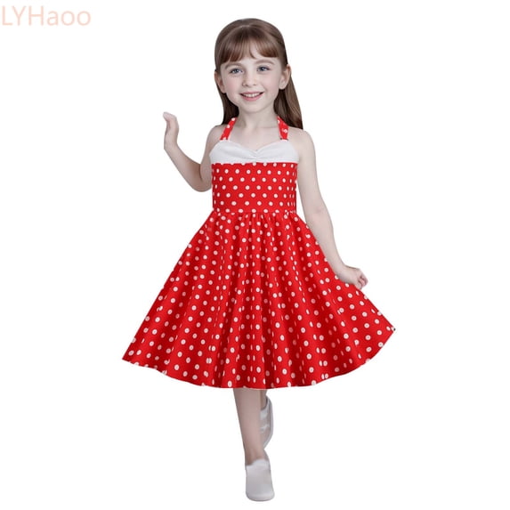 LYHaoo Kids Girls Strap Spliced Polka Dot Vintage Children's Dress Princess Dress,Dresses for Girls Sizes 5-6 Years Red