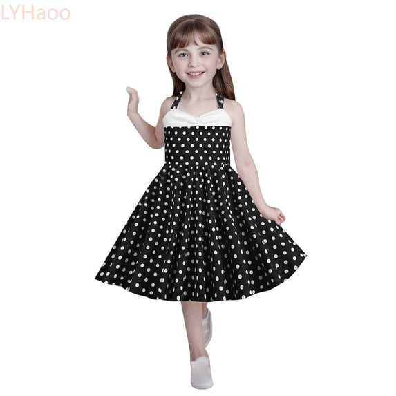 LYHaoo Kids Girls Strap Spliced Polka Dot Vintage Children's Dress Princess Dress,Dresses for Girls Sizes 9-10 Years Black