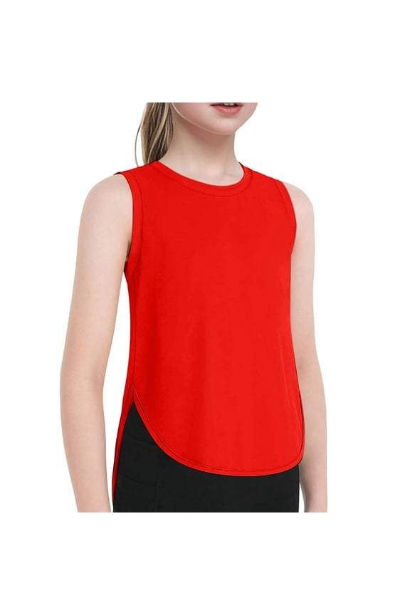 Kids Girls Summer Athletic Solid Color Tank Tops Split Curved Hem Sleeveless Shirts For Gym Yoga Running Girls Blouses Sizes 11-12 Years Red