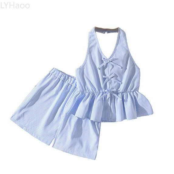 LYHaoo Kids Girls Summer Outfit Bow Tie Stripes V Neck Top And Shorts Two Piece Playwear Casual Clothes Girls Outfit Sets Sizes 7-8 Years(Blue)