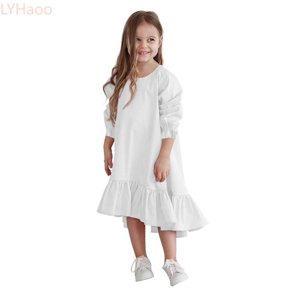 LYHaoo Kids Little Girls Daily Dress Autumn Long Sleeve Solid Irregular Princess Dress Ruffle Casual Party Dresses Outfits Clothes,Girls A-Line Dresses Sizes 11-12 Years White