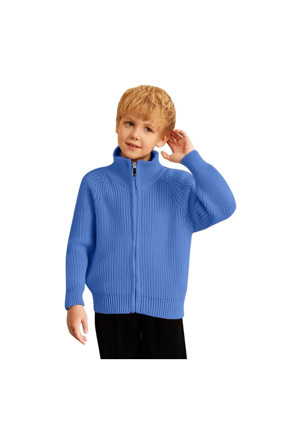 Kids School Uniform Sweaters Classic Solid Color Zip Front Cardigan Sweater Jacket For Girls And Boys Comfortable Knit Outerwear For Children 8-9 Years(Blue)