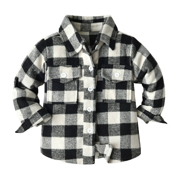 LYHaoo Kids Toddler Flannel Shirt Jacket Plaid Long Sleeve Lapel Button Down Shacket Baby Boys Girls Pockets Shirt Top Coat Outwear School Uniform Sizes 18-24 Months Black