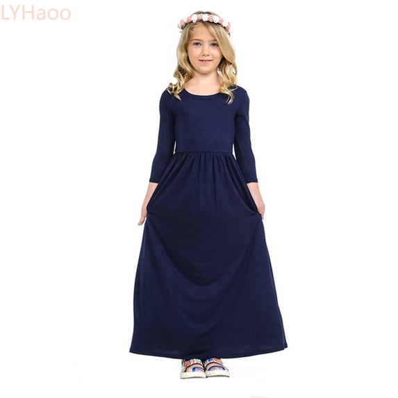 LYHaoo Kids Toddler Girls Dress Above Knee Dress Long Sleeve Solid Long Dress Princess Dress,Vintage Girls Dress Sizes 7-8 Years Blue