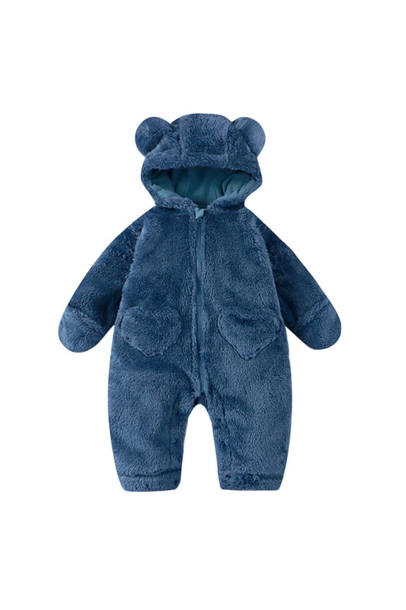 Little Boys Fuzzy Romper Sleepsuit Winter Warm Bear Ear Hooded Soft Cozy Jumpsuit Pajama Set 0-3 Months(Blue)
