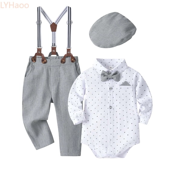 LYHaoo Little Gentleman Formal For Baby Boys Toddler Dress Up Outfits With Hat And Suspenders For Birthday Party Christening Boys Pants Outfit Set Sizes (12-18 Months)