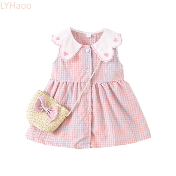 LYHaoo Little Girl Collar Pattern Dress Sleeveless Sun Skirt Plaid Dress Thin Skirt With Bag,Little Girls Dresses Sizes 12-18 Months Pink