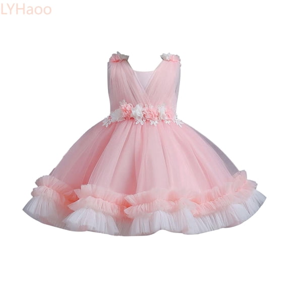 LYHaoo New Children's Dress Puffy Dress Cake Dress Princess Dress Flower Girl's First Birthday Baby Party Dress,Dresses for School Casual Sizes 2-3 Years Pink