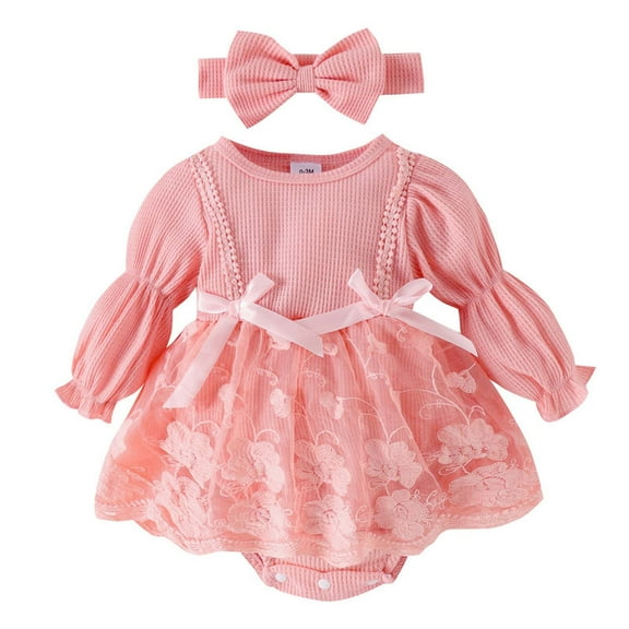 LYHaoo Baby Girl Romper Dress Children Floral Long Sleeve Ruched Jumpsuit Ruffle Bodysuit Headband Set Fall Cute Princess Dress 3PCS Girls Jumpsuit Romper 0-3 Months Pink(Toddler)