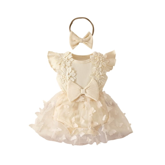 LYHaoo Baby Girl Summer Romper Dress Fly Sleeve Flower Embroidery Mesh Tlle Skirt Hem Ribbed Bodysuit Girls Jumpsuit Romper 6-9 Months White(Toddler)