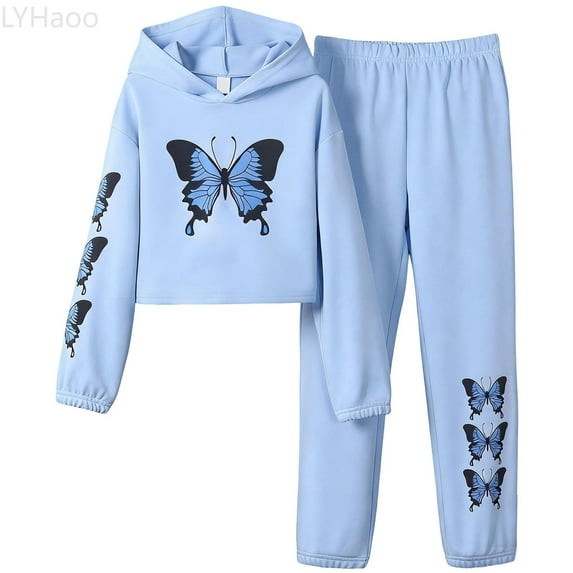 LYHaoo Print Long Sleeve Hoodie And Sweatpants For Autumn Winter Fit For 2 Piece Outfit For Activewear Girls Outfit Sets Sizes 10 Years(Blue)