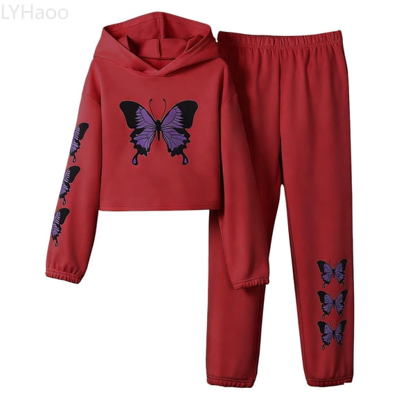 LYHaoo Print Long Sleeve Hoodie And Sweatpants For Autumn Winter Fit For 2 Piece Outfit For Activewear Girls Outfit Sets Sizes 9 Years(Red)