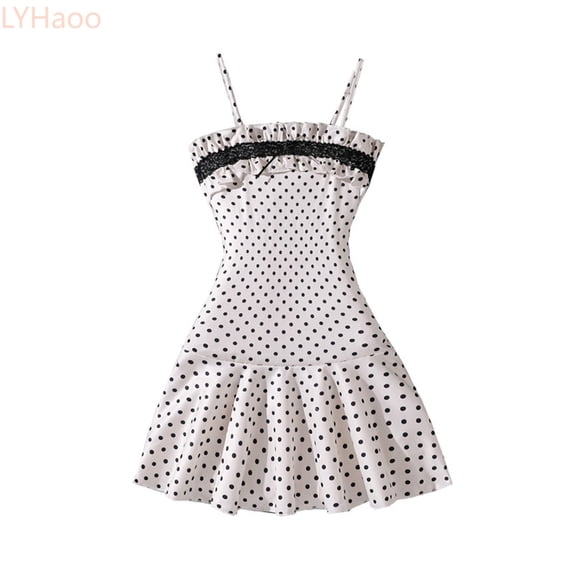 LYHaoo Retro Polka Girls Dress Elegant Bodycon Sleeveless Spaghetti Strap Summer Casual Party,Girls Dresses for School Sizes 7-8 Years White