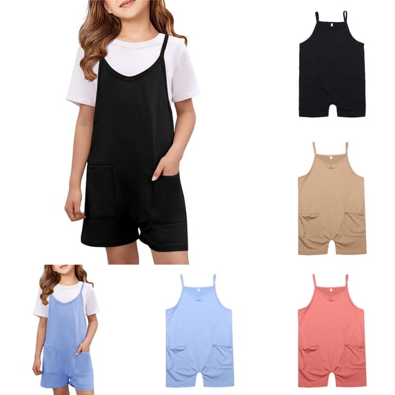 LYHaoo Romper for Girls Girls Summer Sleeveless Casual Romper Spaghetti Strap Shorts Jumpsuit With Pockets,Sizes 9-10 Years