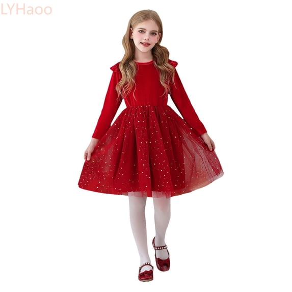 LYHaoo Ruffled Long Sleeved Dress Princess Party Performance Dress Children's Dress Starry Dress,Princess Dresses for Girls Sizes 11-12 Years Red