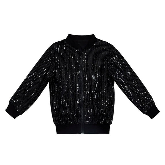 LYHaoo Sequin Jackets Girls Solid Color Long Sleeve Zip Up Jacket For Kids Christmas Shiny Fashion Clothes Sizes 2-3 Years Black(Little Kid)