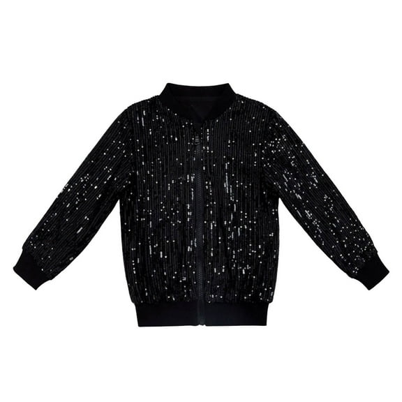 LYHaoo Sequin Jackets Girls Solid Color Long Sleeve Zip Up Jacket For Kids Christmas Shiny Fashion Clothes Sizes 2-3 Years Black(Little Kid)
