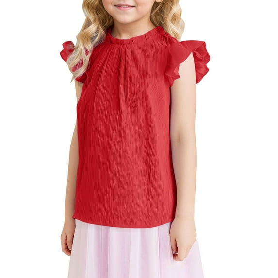 LYHaoo Solid Color Ruffled Short Sleeve Fashion Casual Cute Girl Ruffled Neck Pleated Texture Shirt School Uniform Sizes 11-12 Years Red